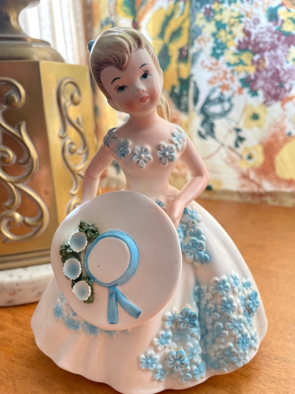 Vintage Lefton Southern Belle Figurine Girl W/ Blonde Ponytail Blue Daisy Dress